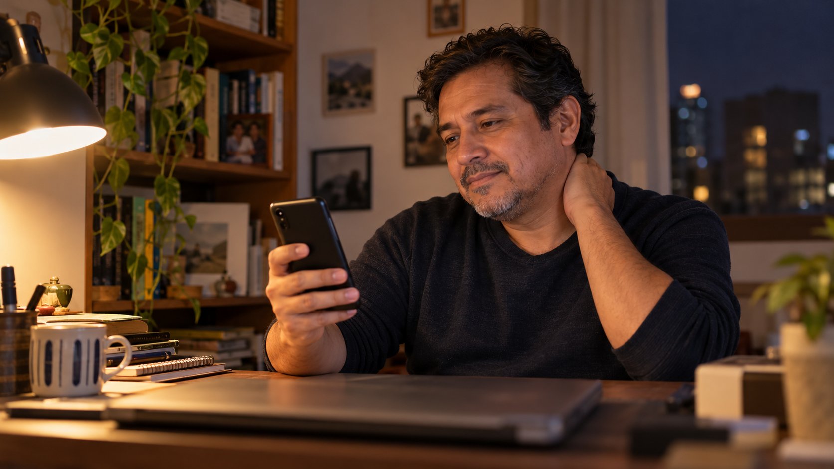 Hombre revisando su celular de noche en el escritorio de su casa, con una mano en la nuca