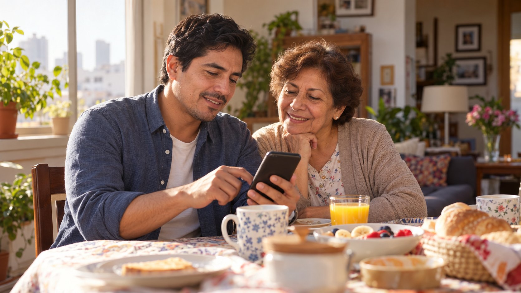 Hombre y su madre revisando juntos la app en el celular durante el desayuno