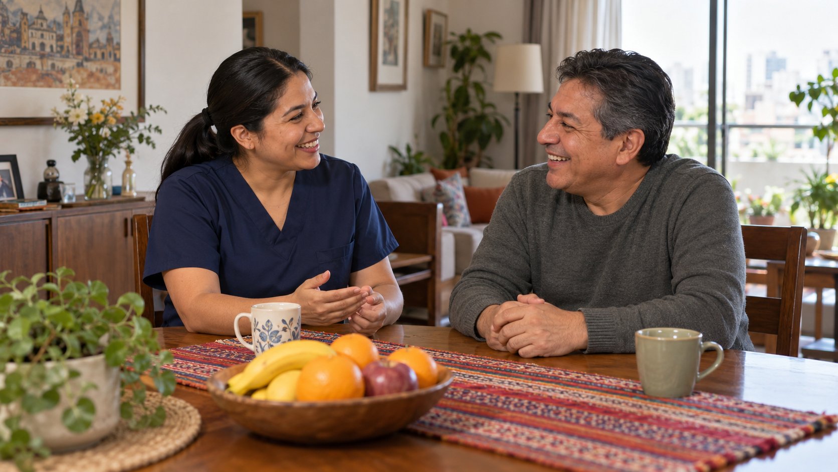 Técnica de Cleom Salud conversando y riendo con un paciente en la mesa de su comedor
