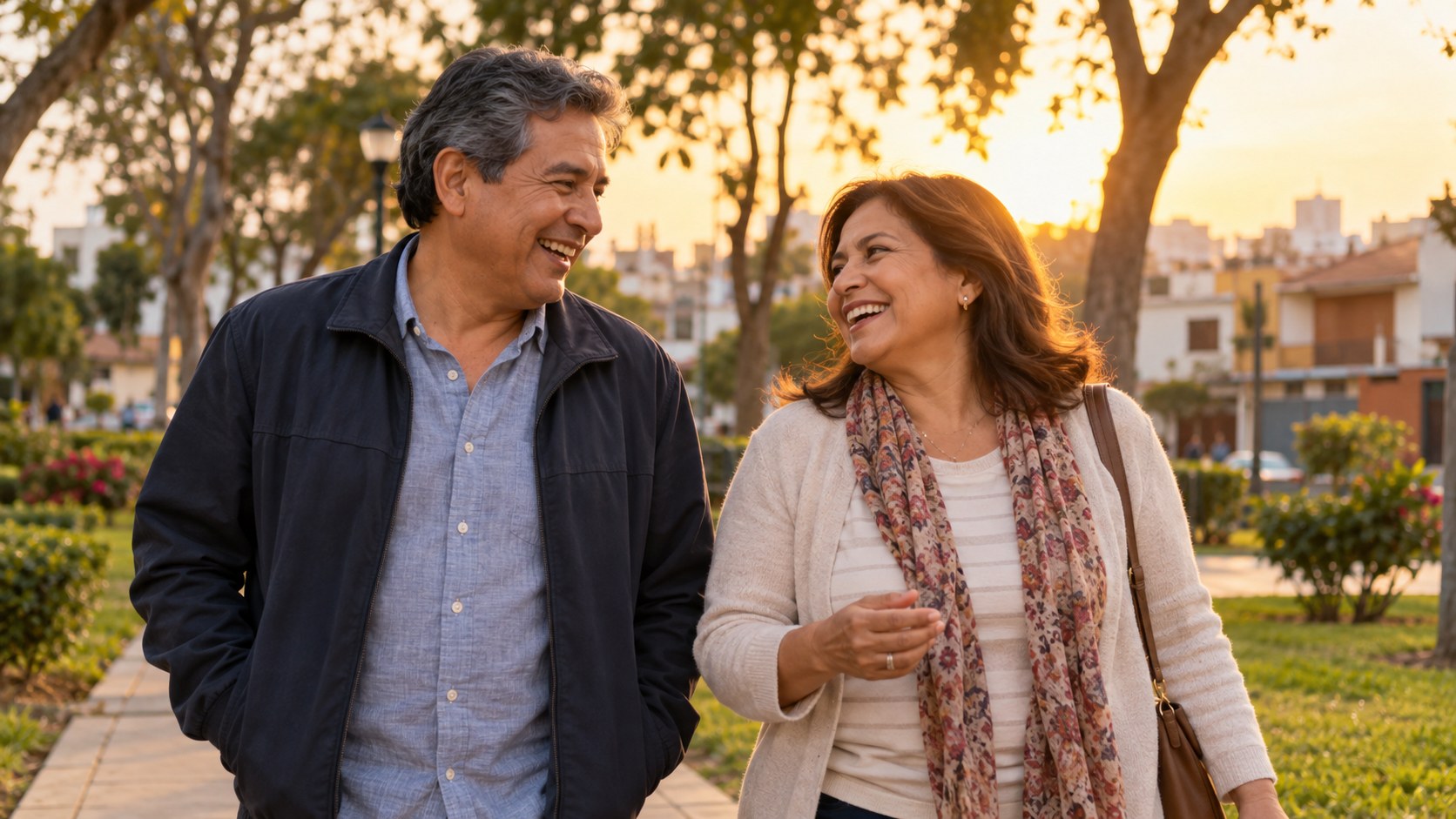 Pareja caminando y riendo en un parque al atardecer
