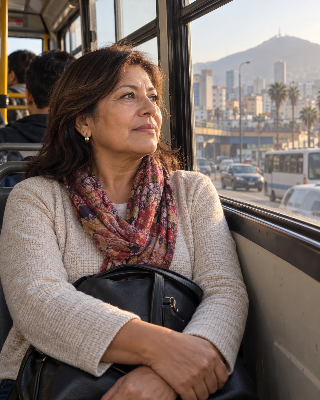 Mujer de camino al trabajo en un bus, mirando por la ventana, pensativa
