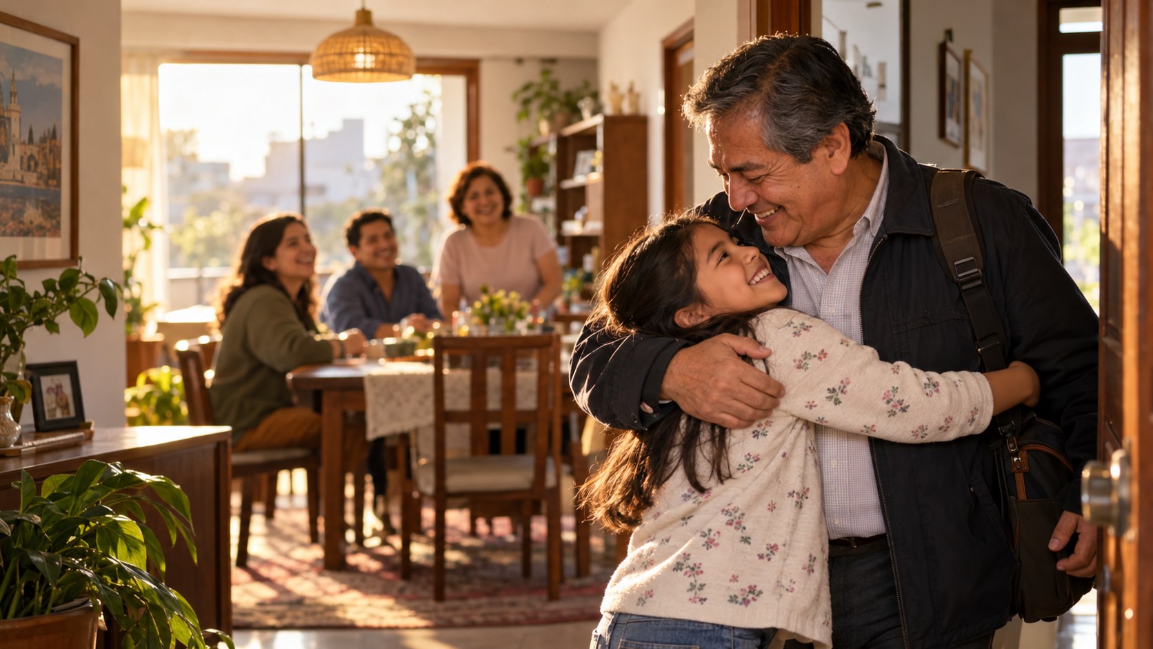 Abuelo llegando a casa recibido con un abrazo por su nieta, con la familia en la mesa al fondo