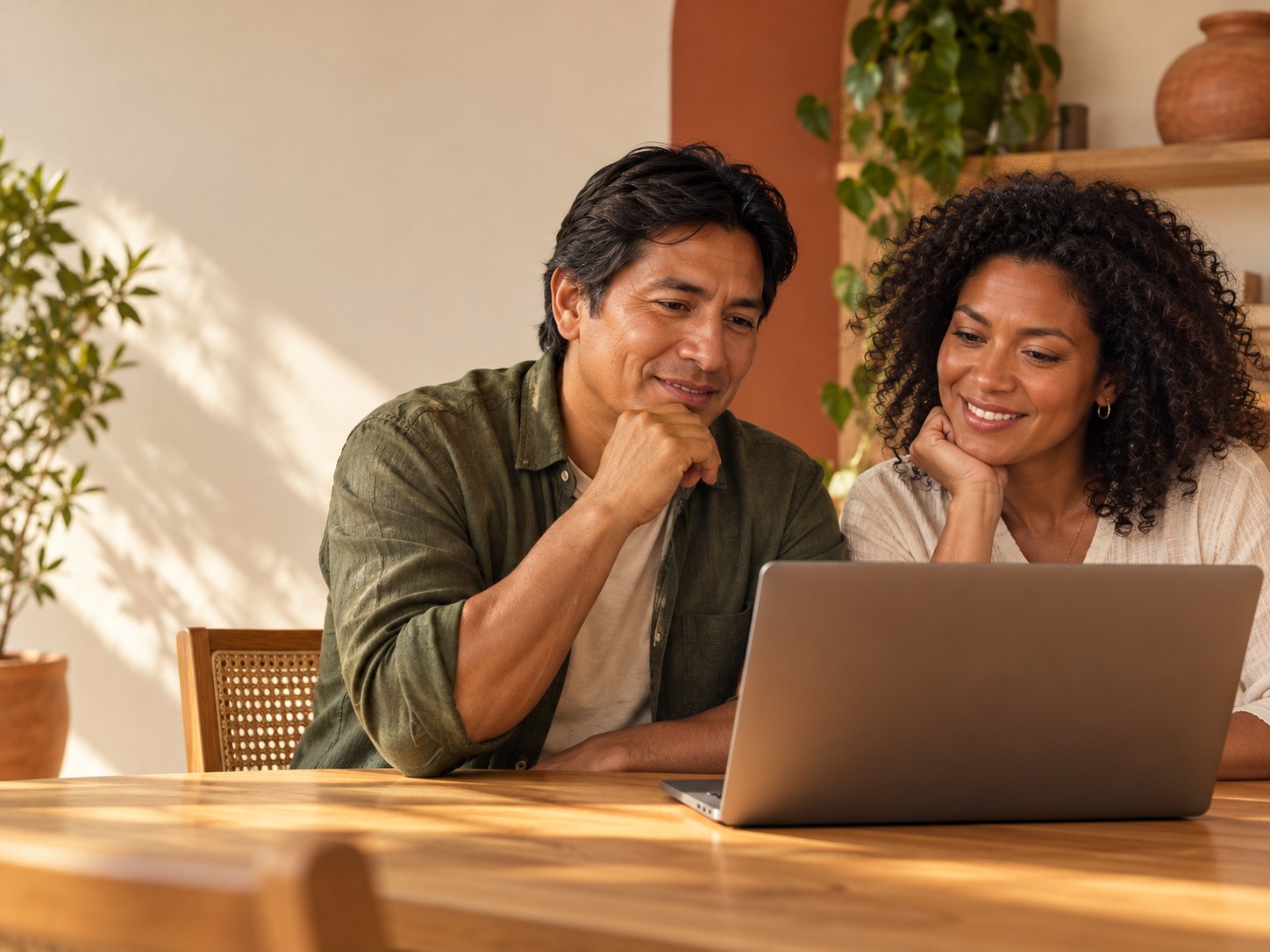 Pareja en casa siguiendo juntos una teleconsulta en la laptop