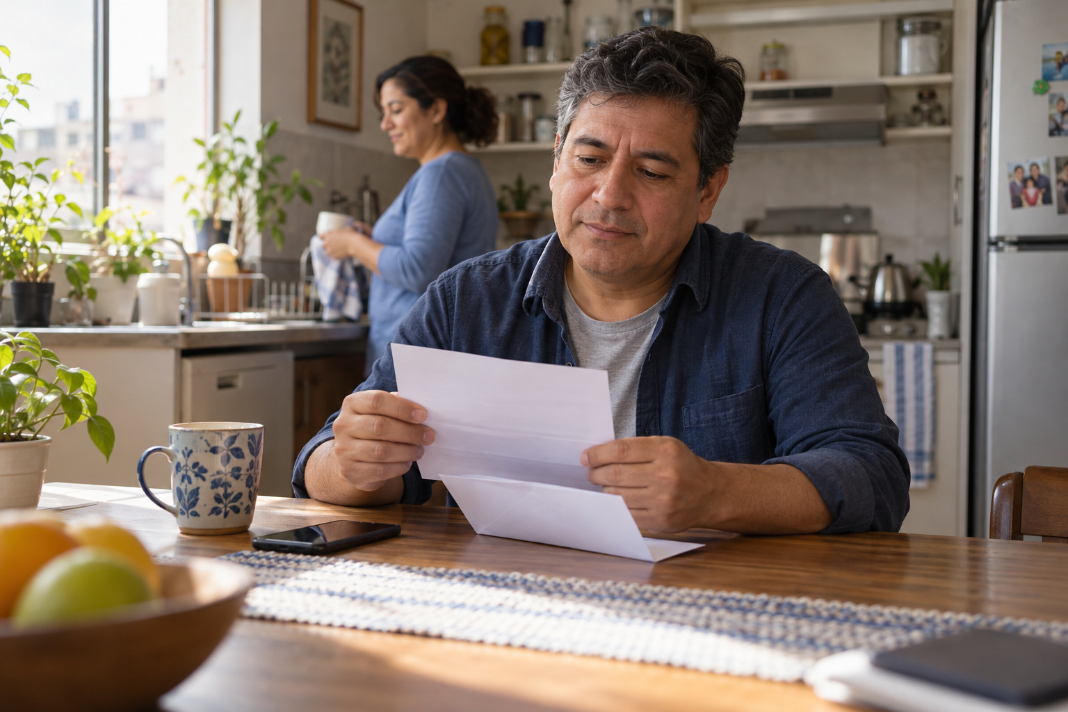 Hombre en la mesa de su cocina leyendo un resultado de laboratorio; su pareja al fondo